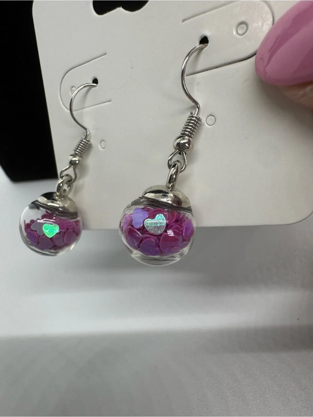 Kid’s Pink Glass Globe Dangle Earrings -filled with iridescent heart confetti